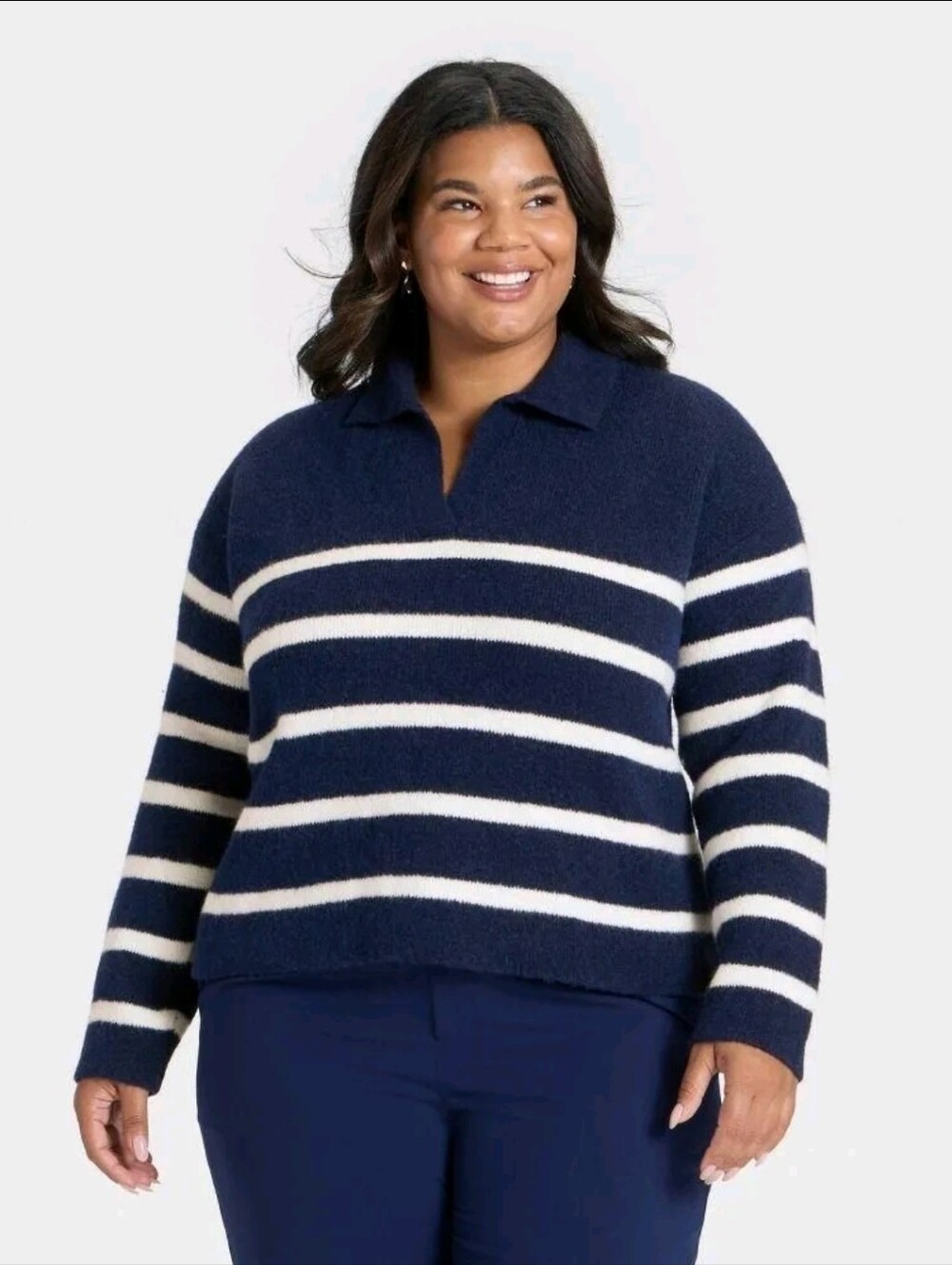A New Day Women's Cozy Knit Polo Sweater Navy Striped Size XXL